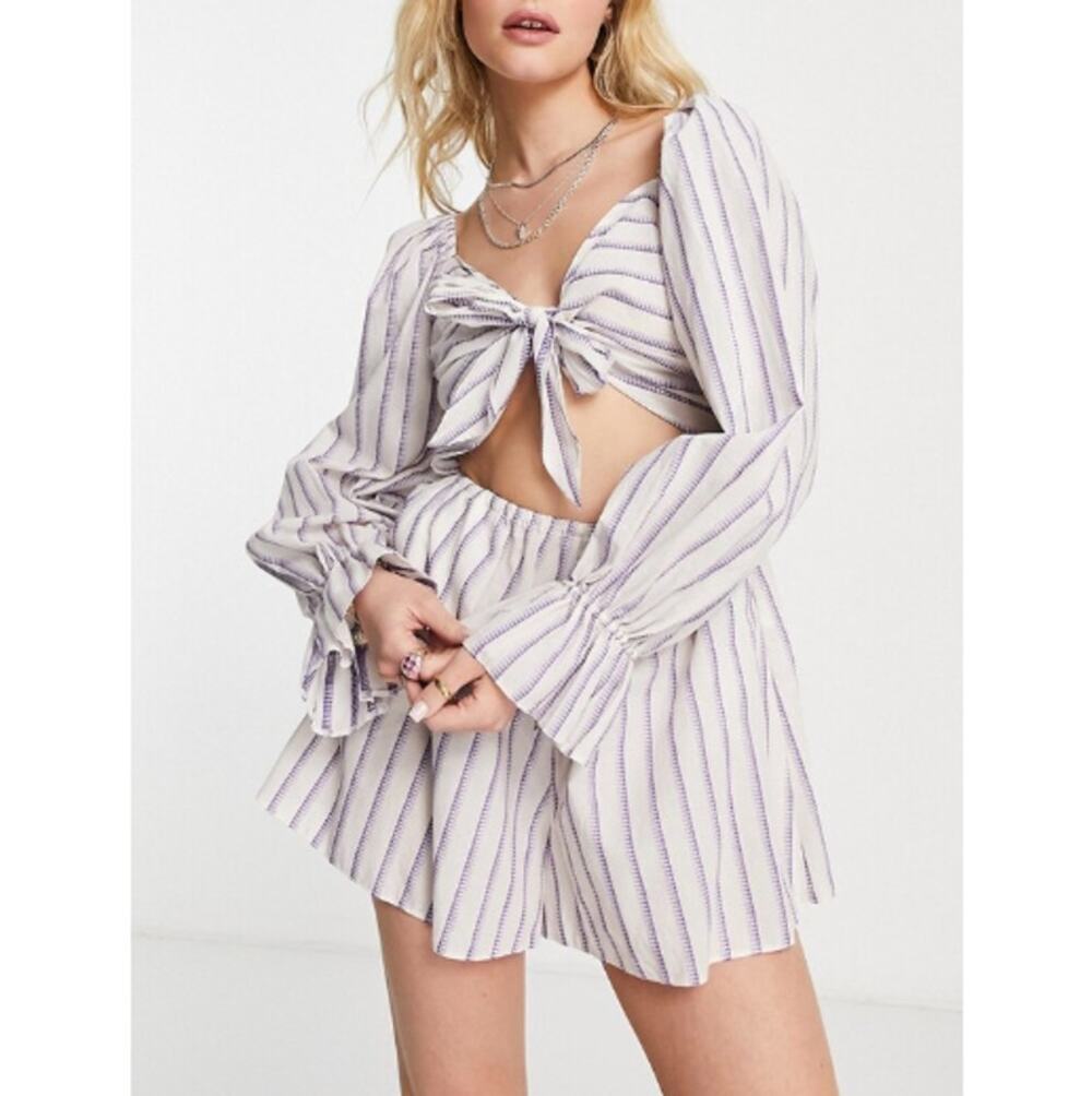 New TOPSHOP NORDSTROM Laundered Purple Stripe Bow Tie Front Romper Size 6